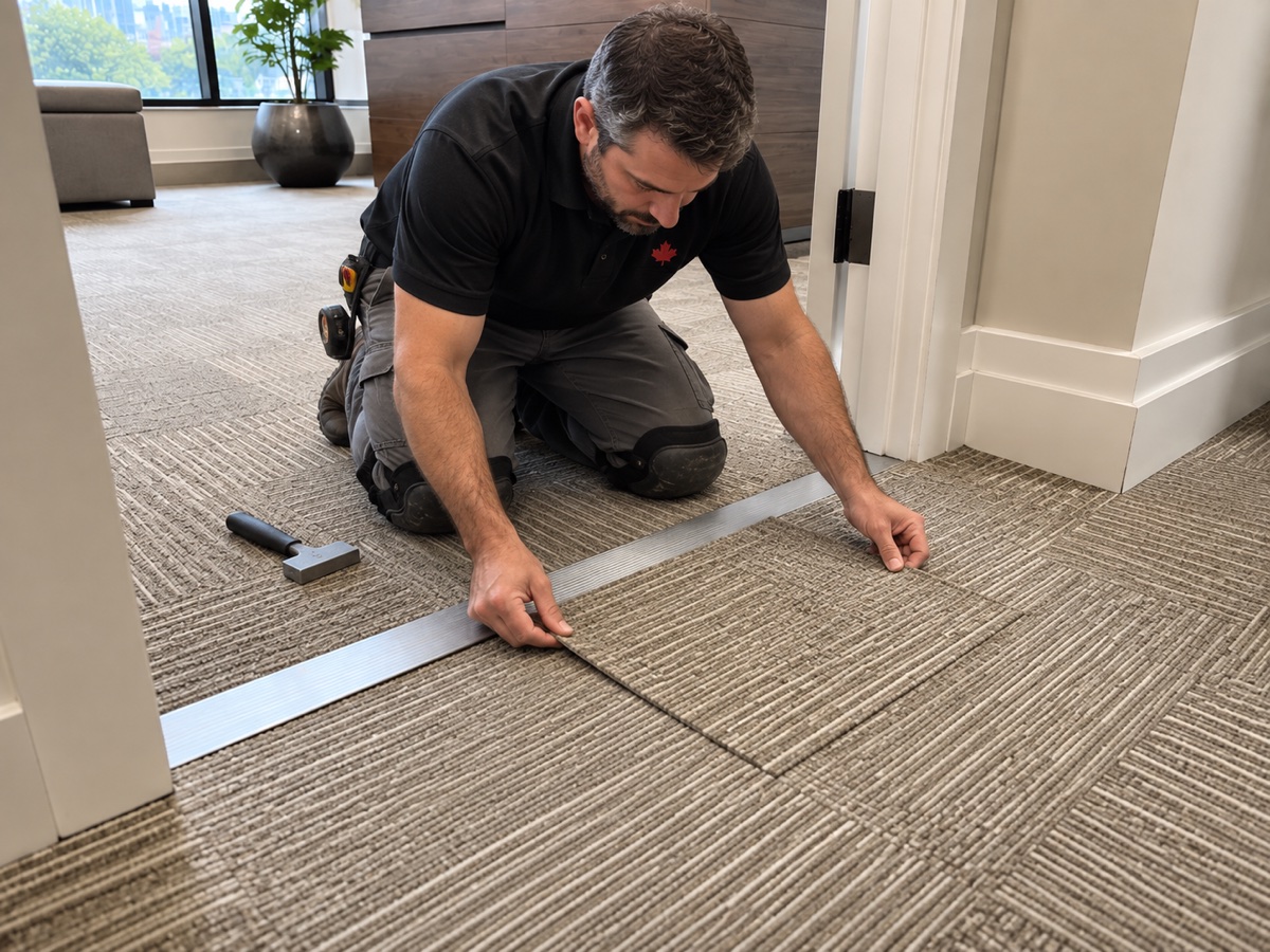 Technician aligning a replacement commercial carpet tile