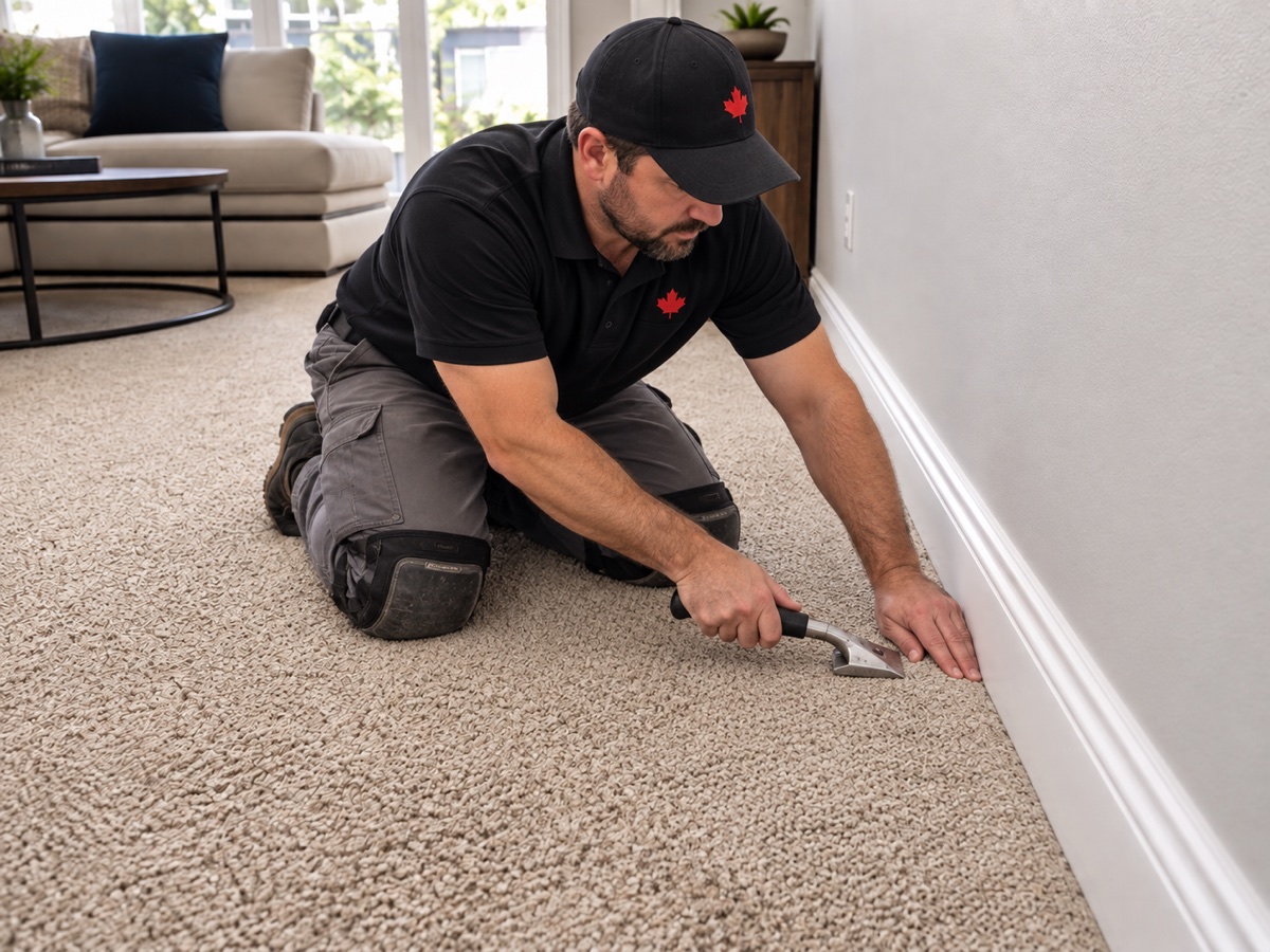 Technician securing a repaired carpet edge