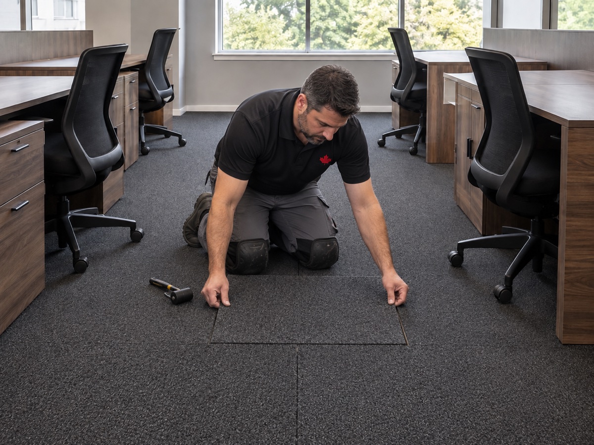 Technician aligning a replacement commercial carpet tile