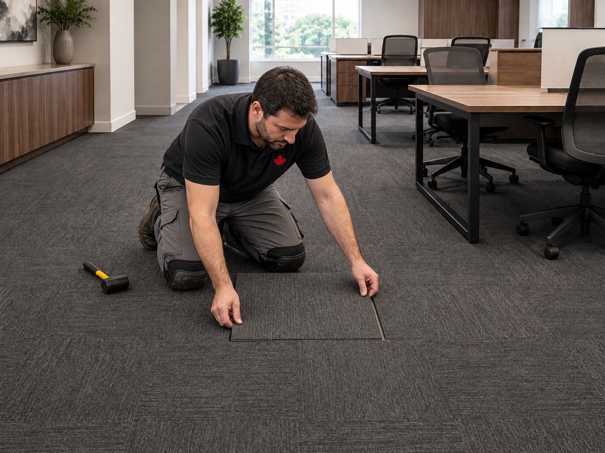 Technician aligning a replacement commercial carpet tile