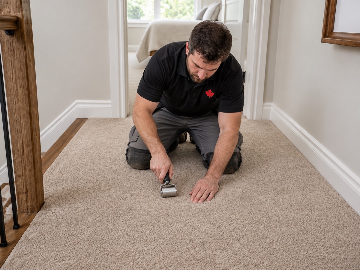 Technician blending a matching carpet patch repair