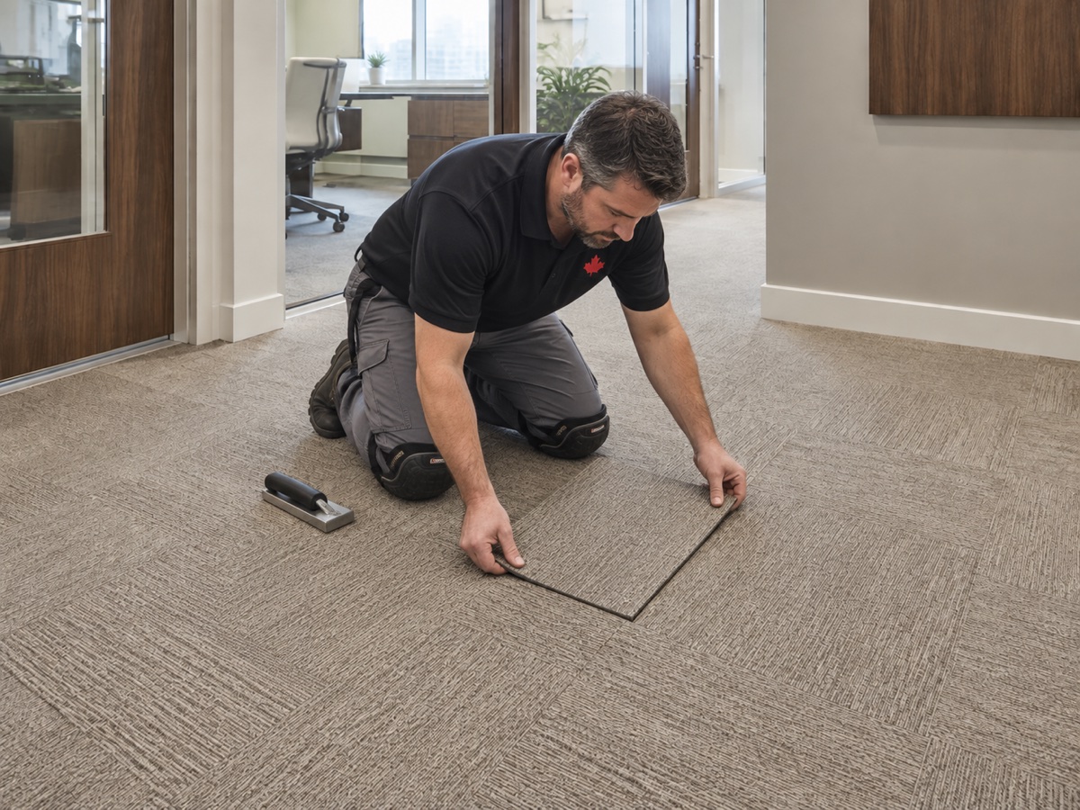 Technician aligning a replacement commercial carpet tile