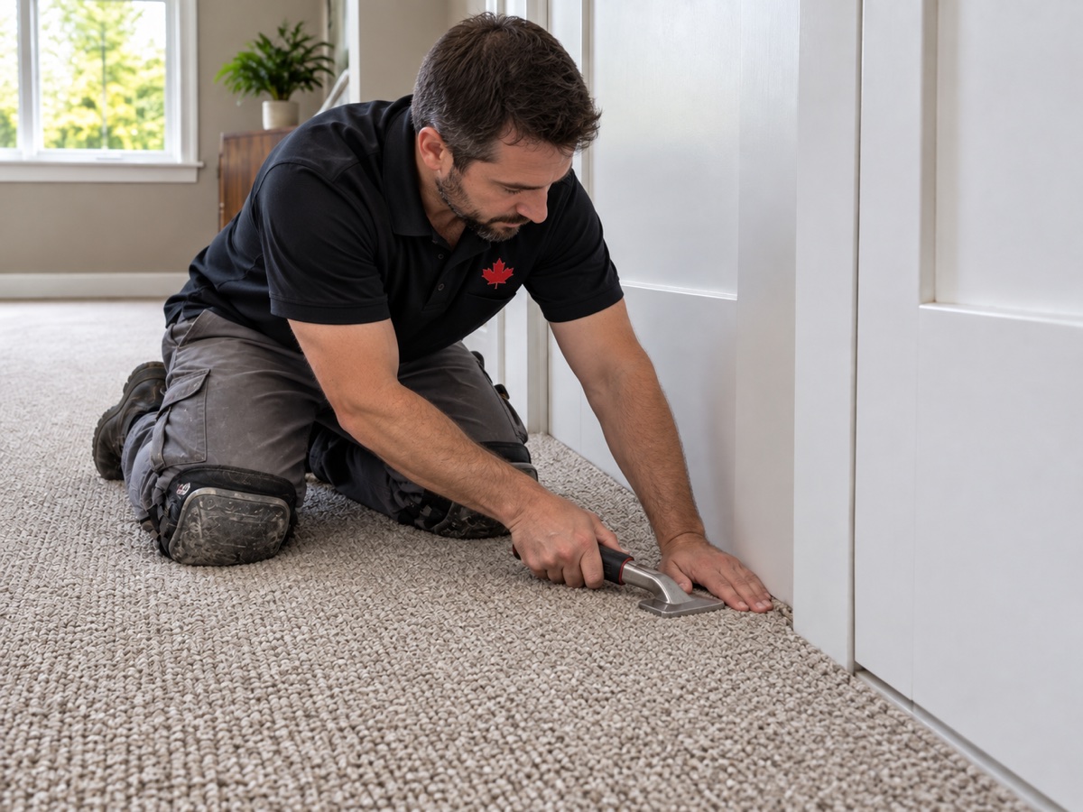 Technician securing a repaired carpet edge