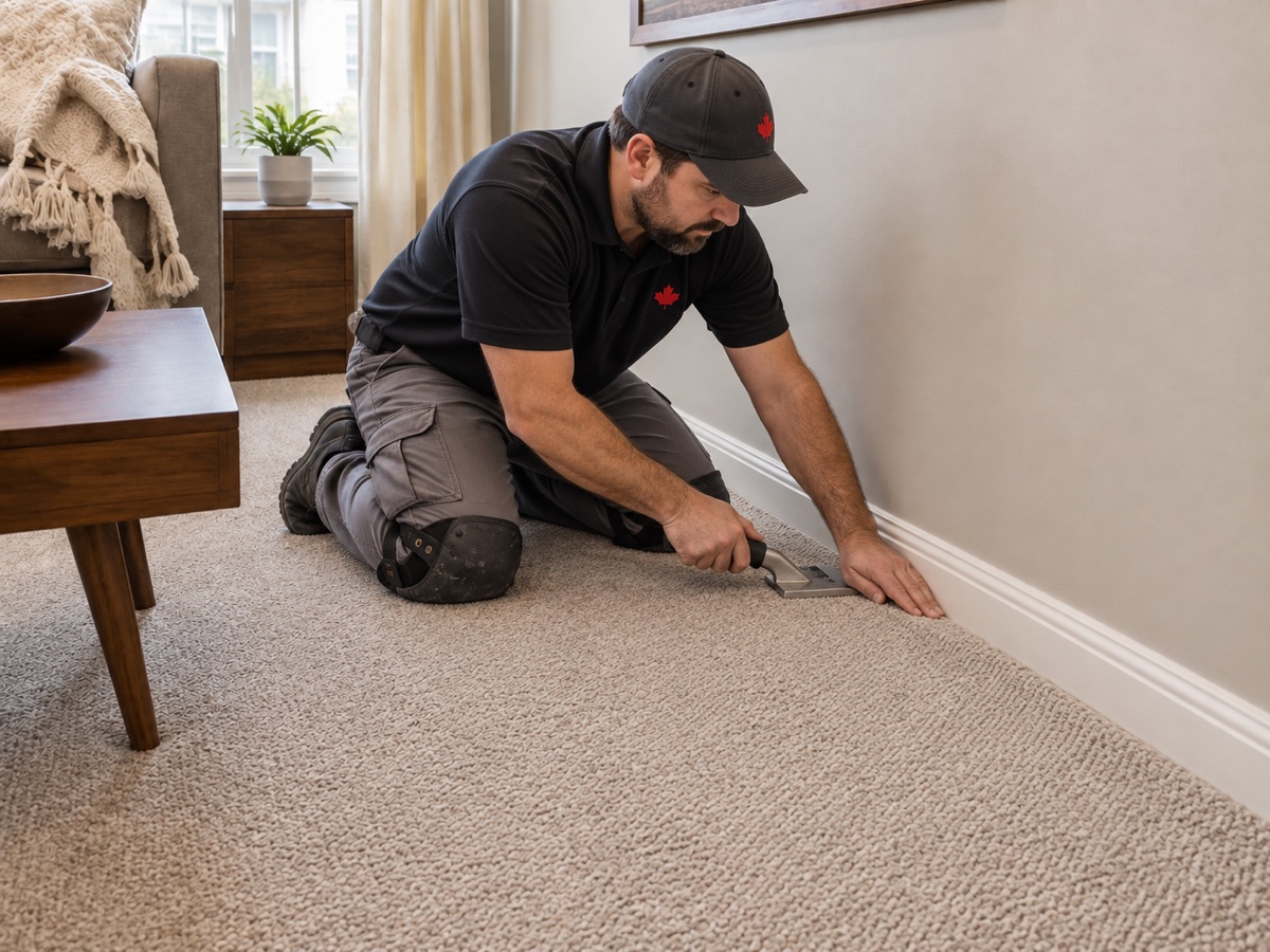 Technician securing a repaired carpet edge