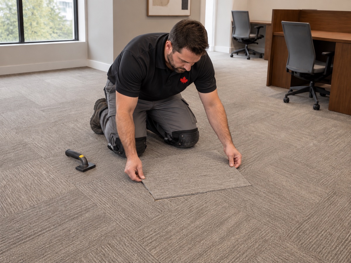 Technician aligning a replacement commercial carpet tile