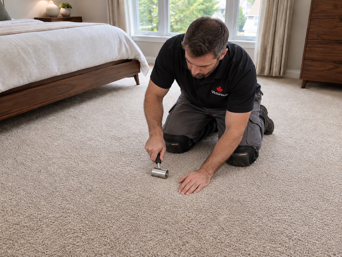 Technician blending a matching carpet patch repair