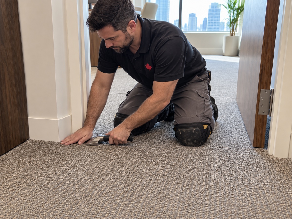 Technician securing a repaired carpet edge