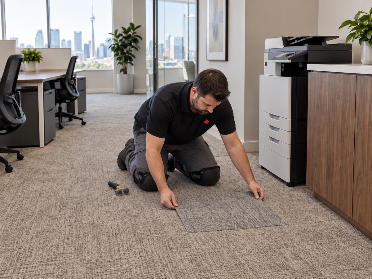 Technician aligning a replacement commercial carpet tile