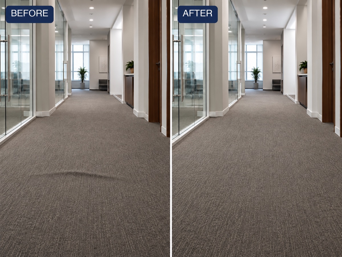 Office carpet re-stretching before and after