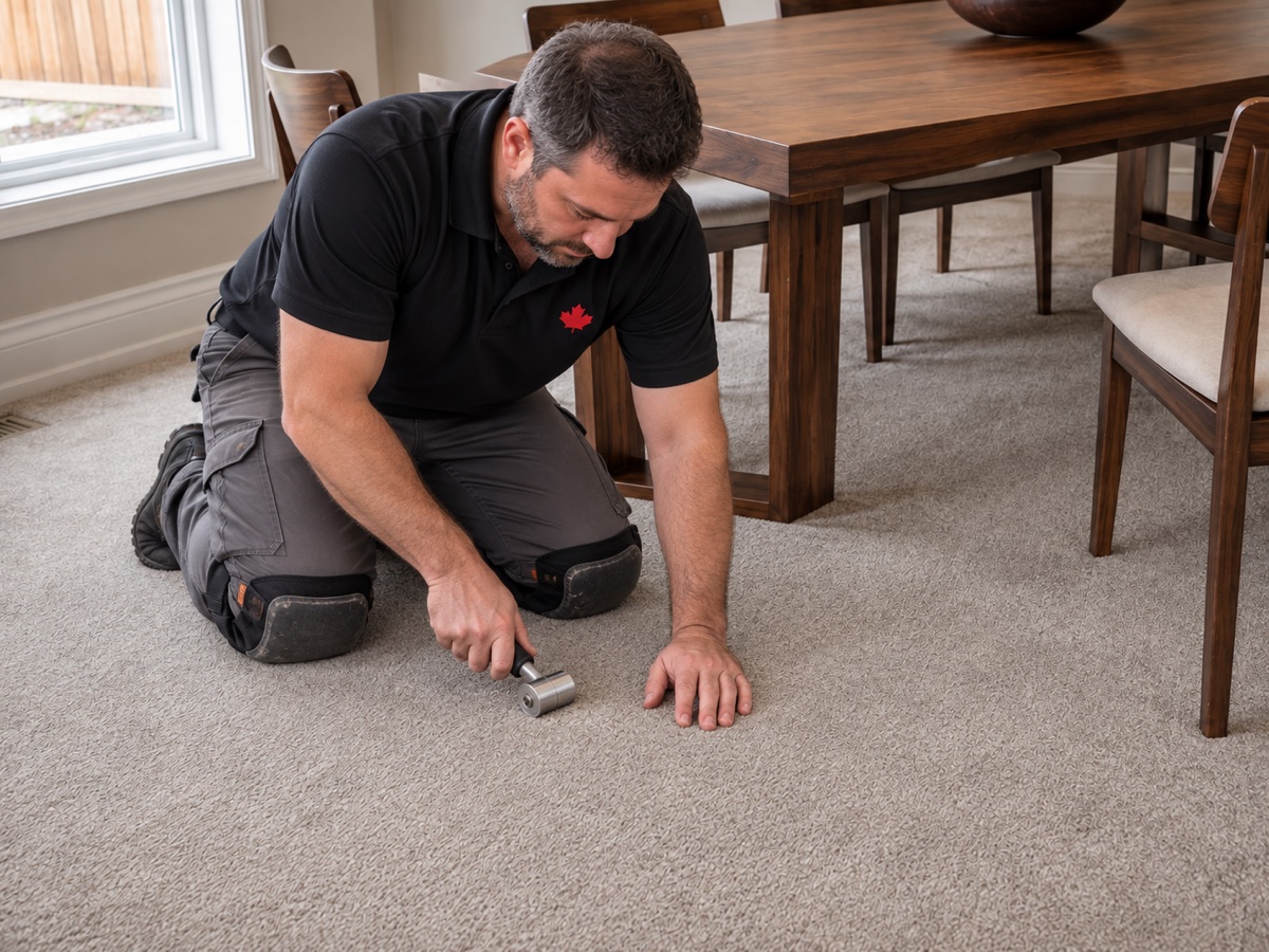 Technician blending a matching carpet patch repair