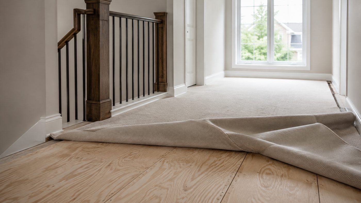 Carpet and underpad lifted for access to the substrate by Victorious Carpet and Flooring