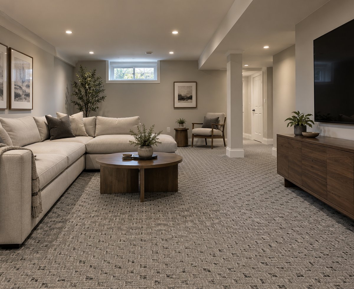 Finished basement family room with wall-to-wall carpet