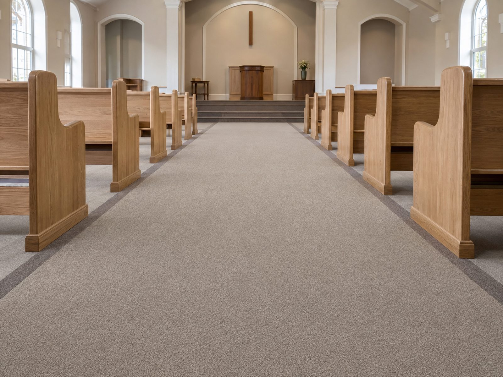 Sanctuary aisle with taupe low-pile carpet