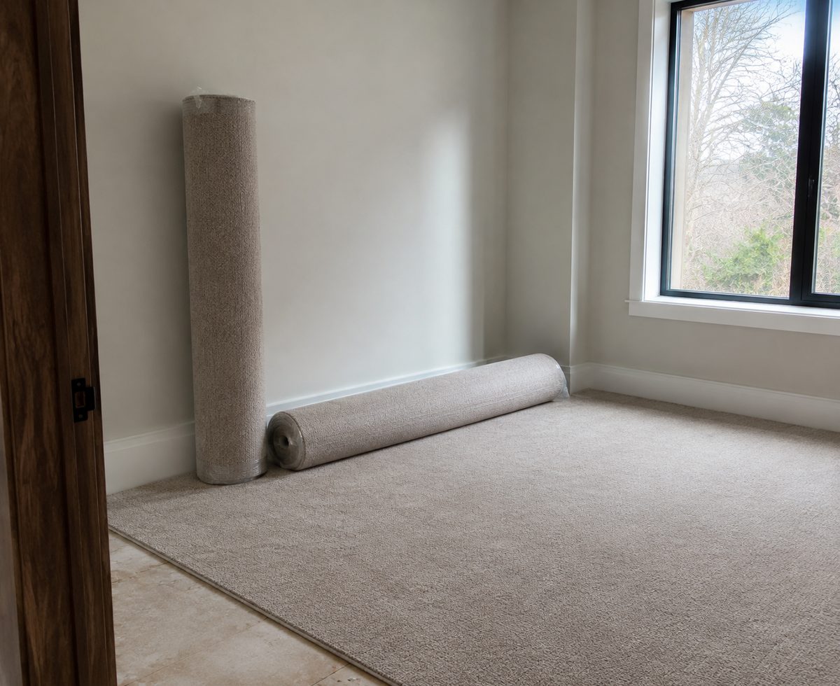 New broadloom carpet rolls in a bright room ready to install