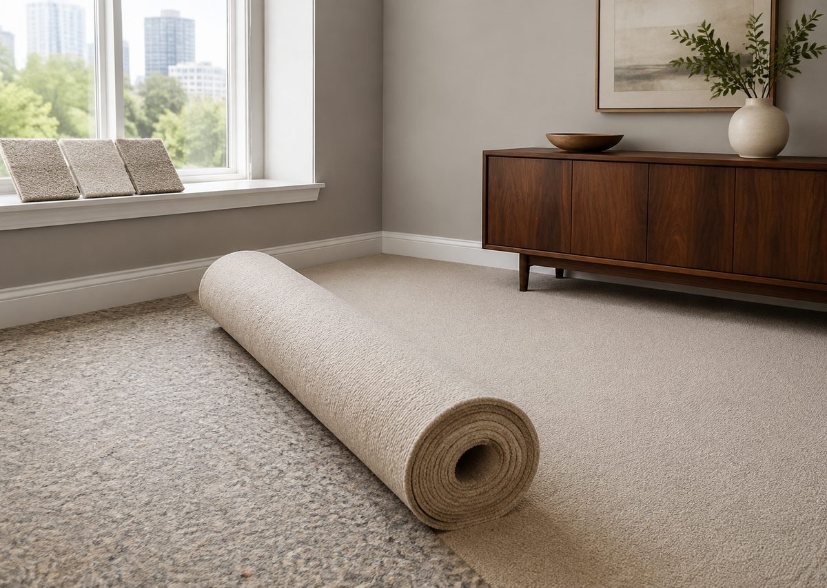 Fresh broadloom carpet installed wall to wall in a living room