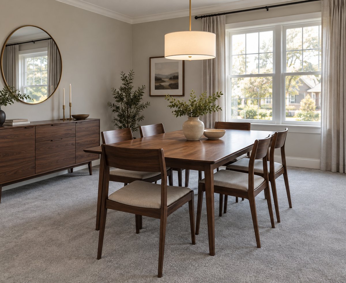 Dining area carpeted in warm greige broadloom