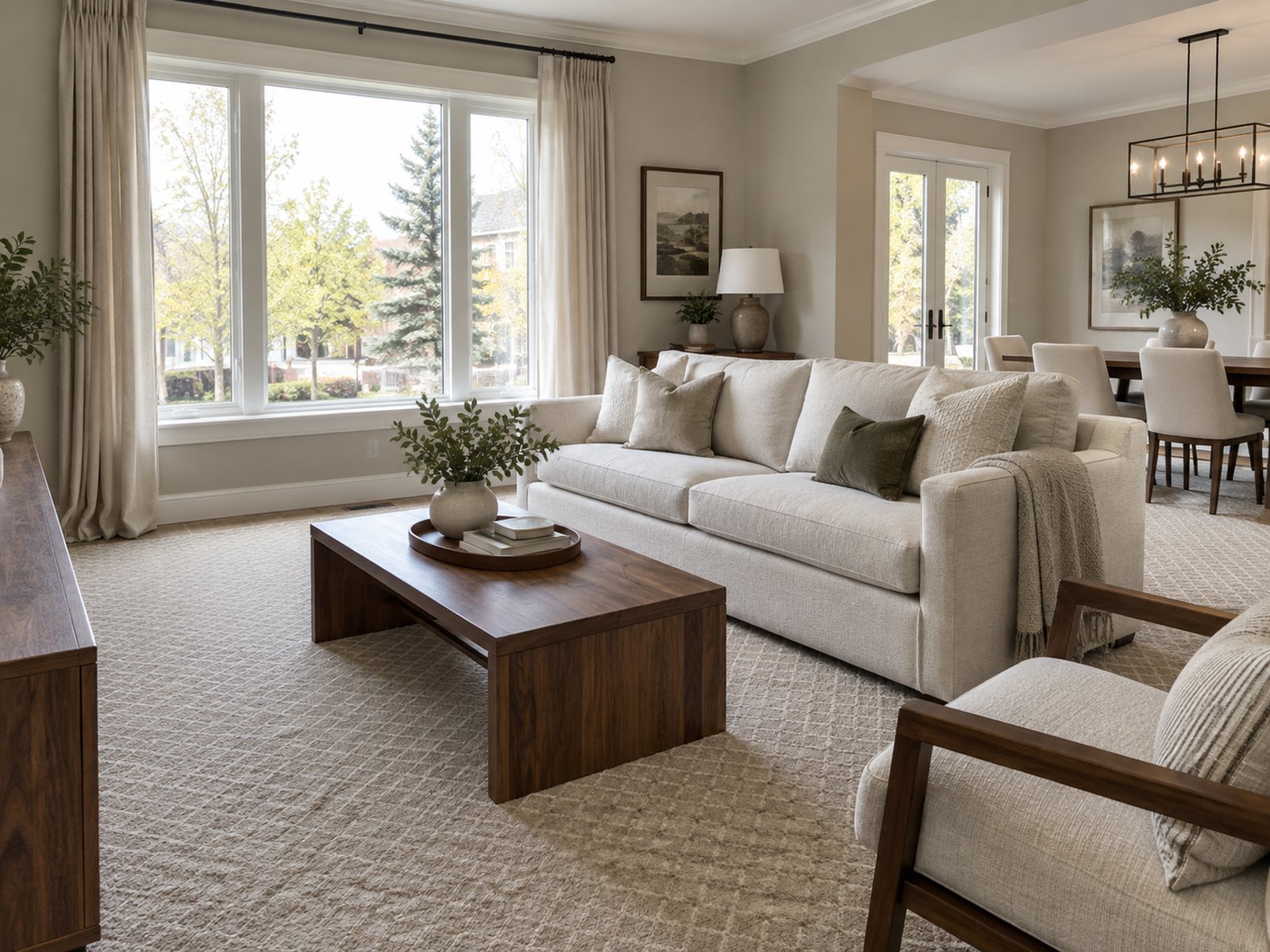 Open-plan living room with new taupe broadloom carpet