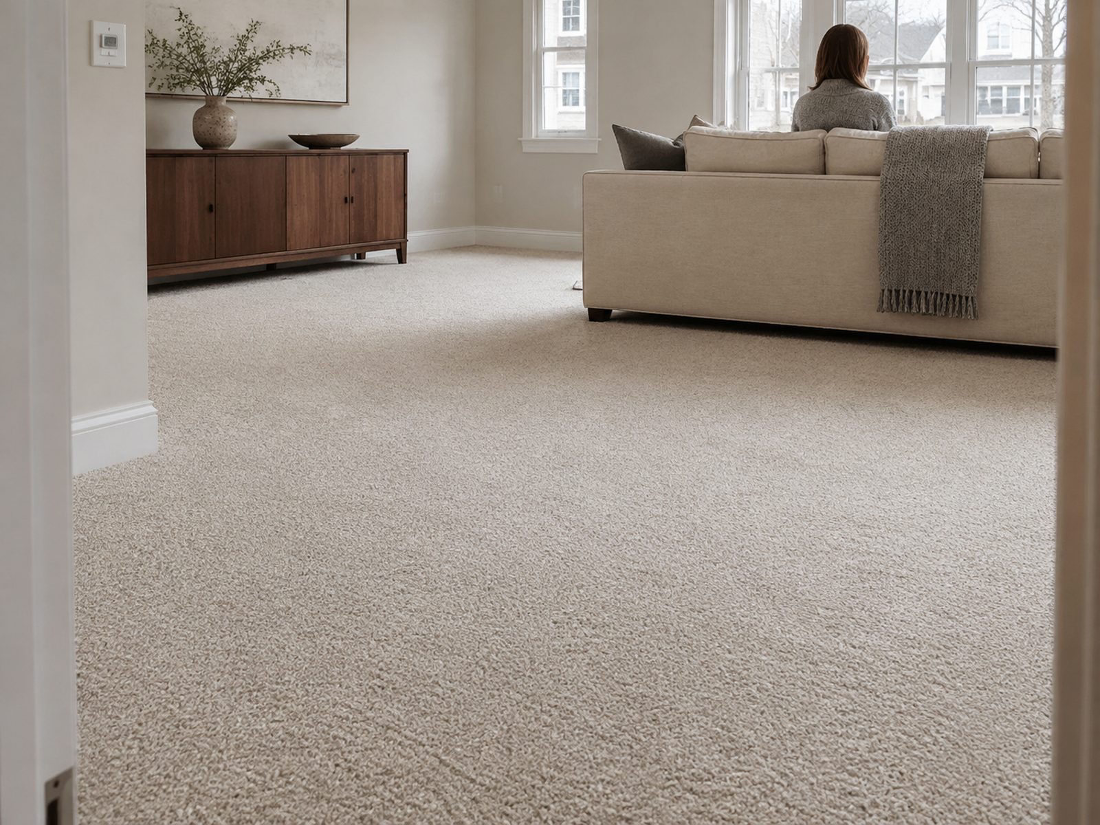 Finished living room with new plush carpet