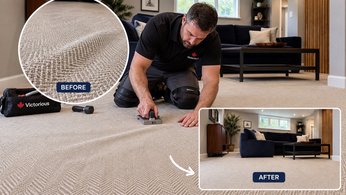Carpet re-stretching before and after with a subtle change in angle and daylight