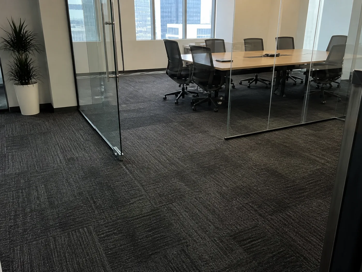 Office carpet and tile in an open-plan workspace