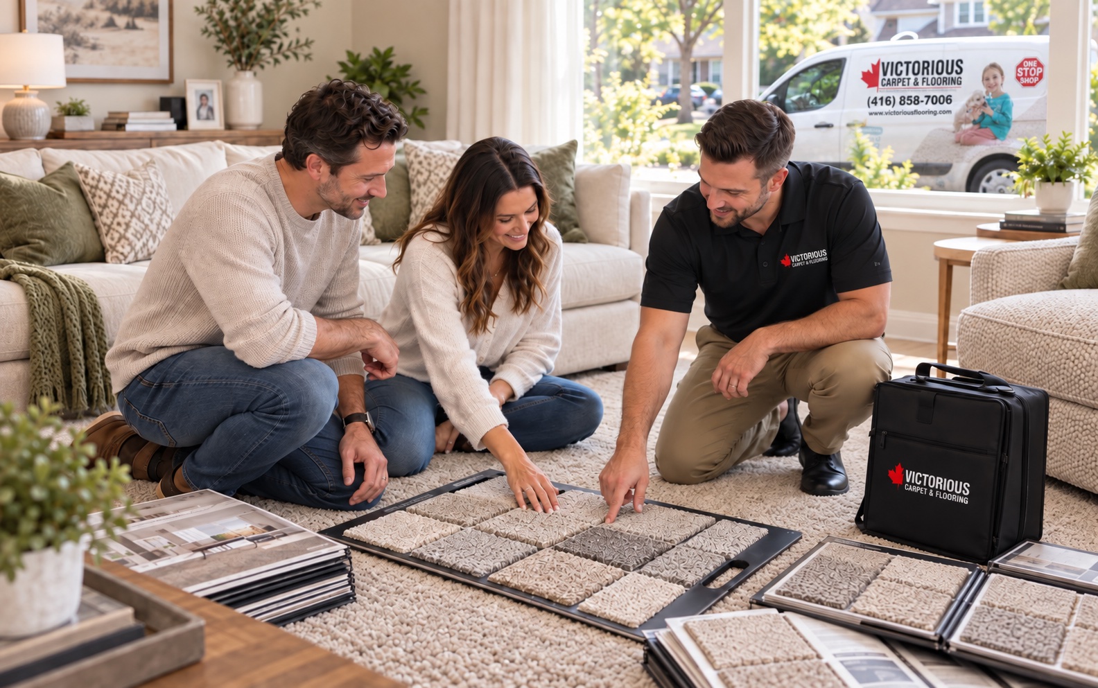 Victorious consultant and homeowners choosing carpet samples during an in-home visit