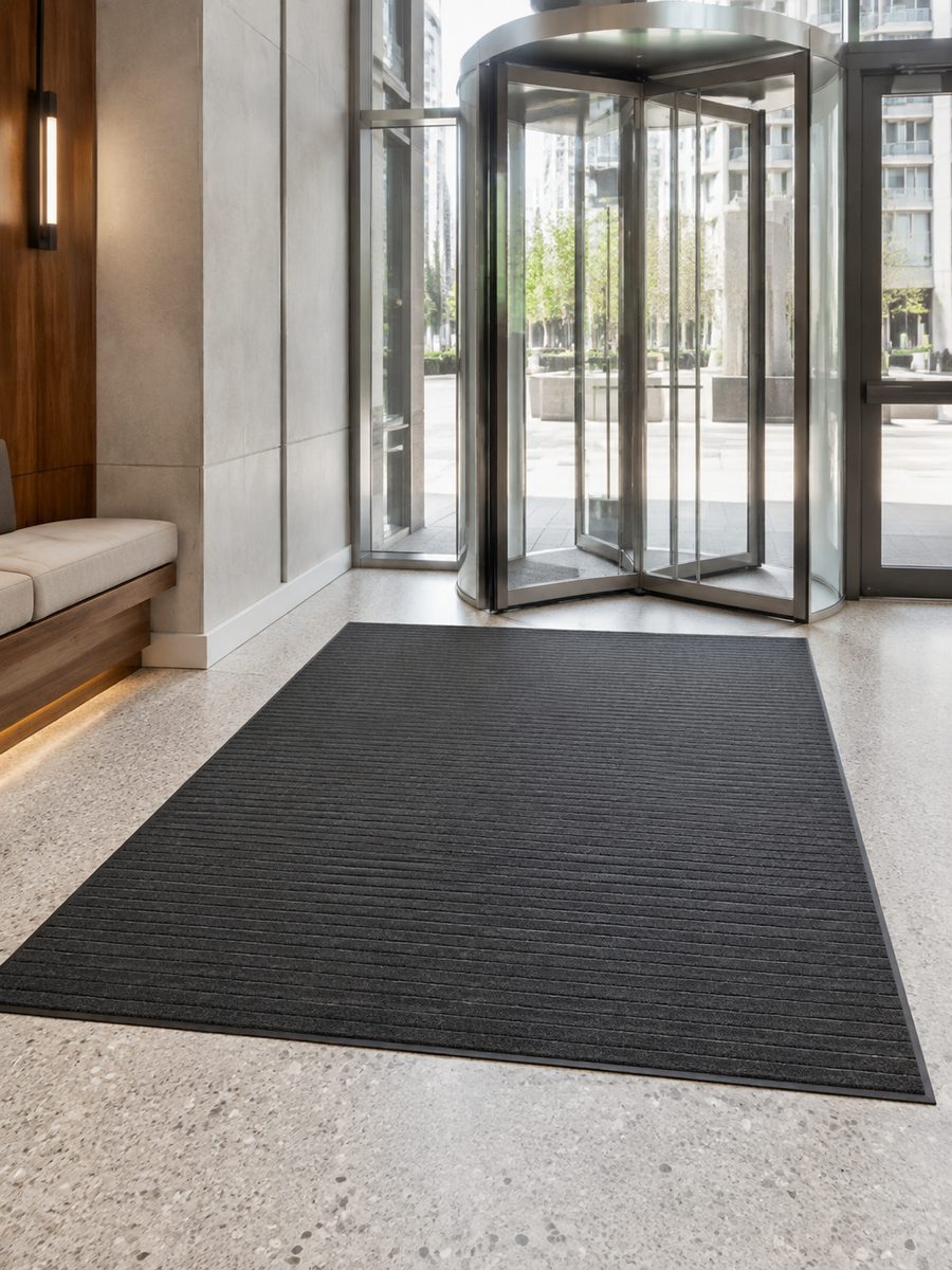 Lobby entrance matting at a revolving door