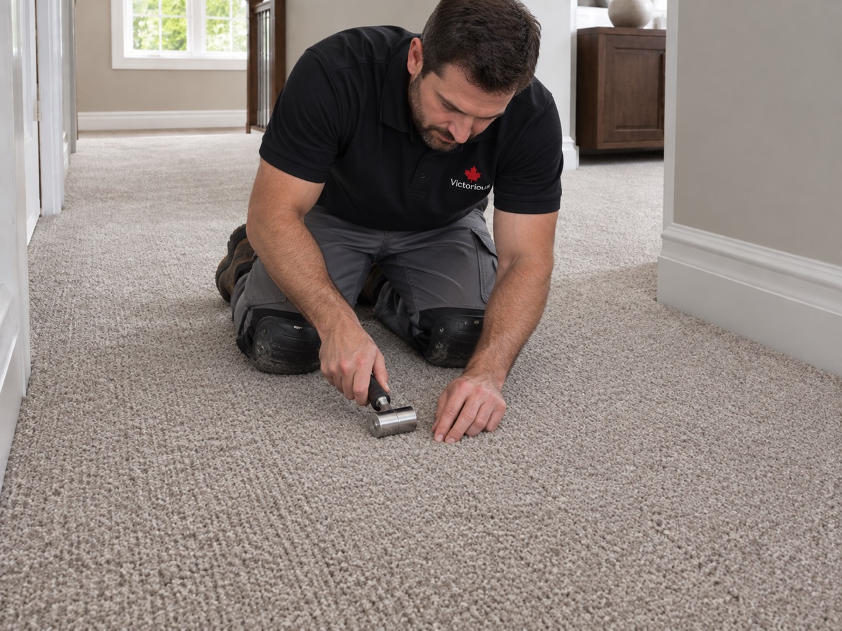 Technician blending a matching carpet patch repair