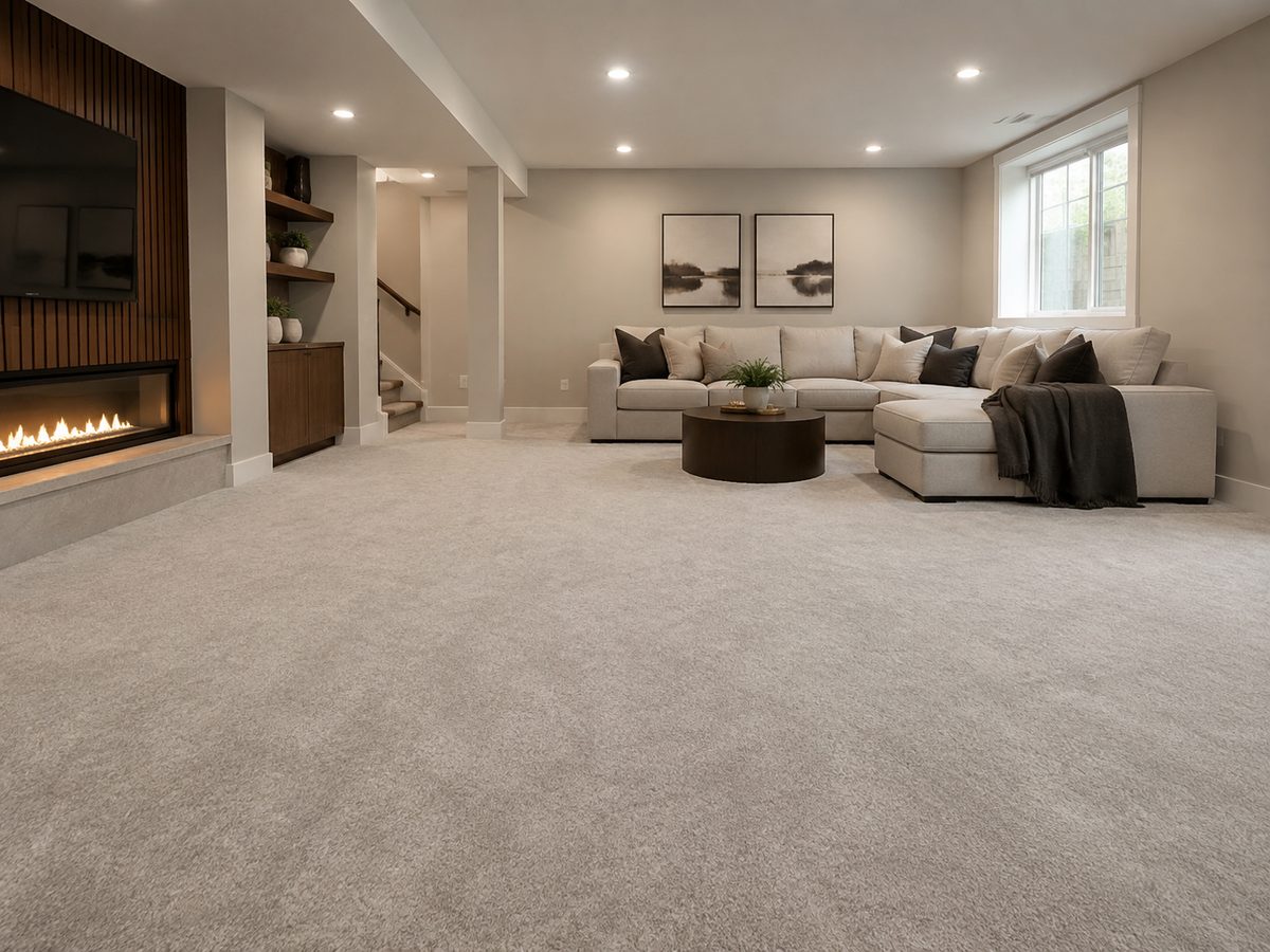 Finished basement with wall-to-wall carpet by Victorious Carpet and Flooring
