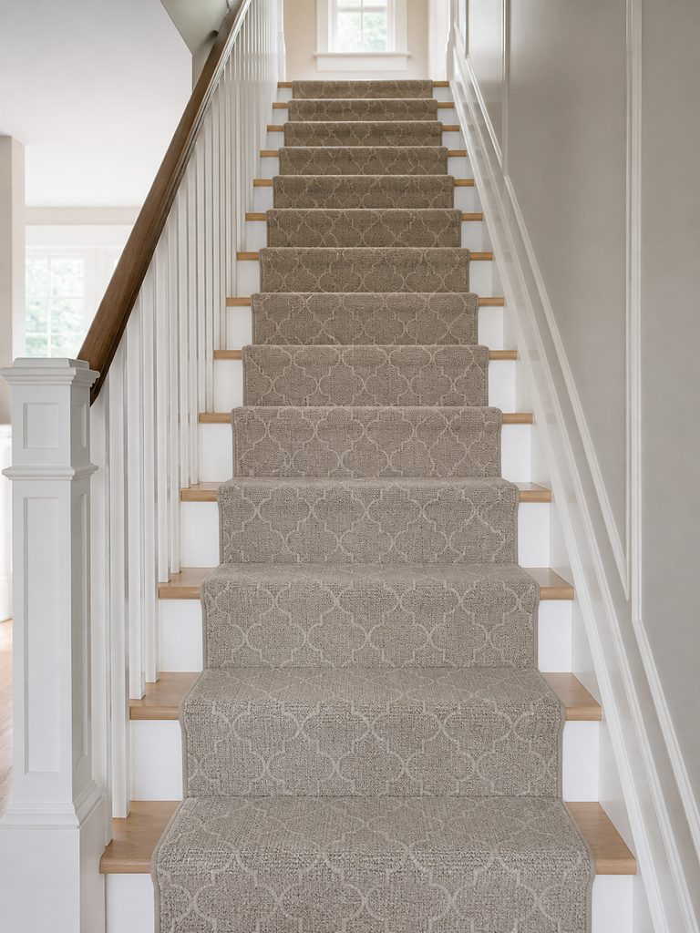 Custom stair runner with a patterned centre band on dark treads